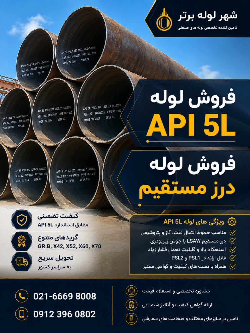 فروش لوله API 5L درز مستقیم فروش لوله API 5L درز مستقیم در گریدهای GR.B، X42، X52، X60 و X70